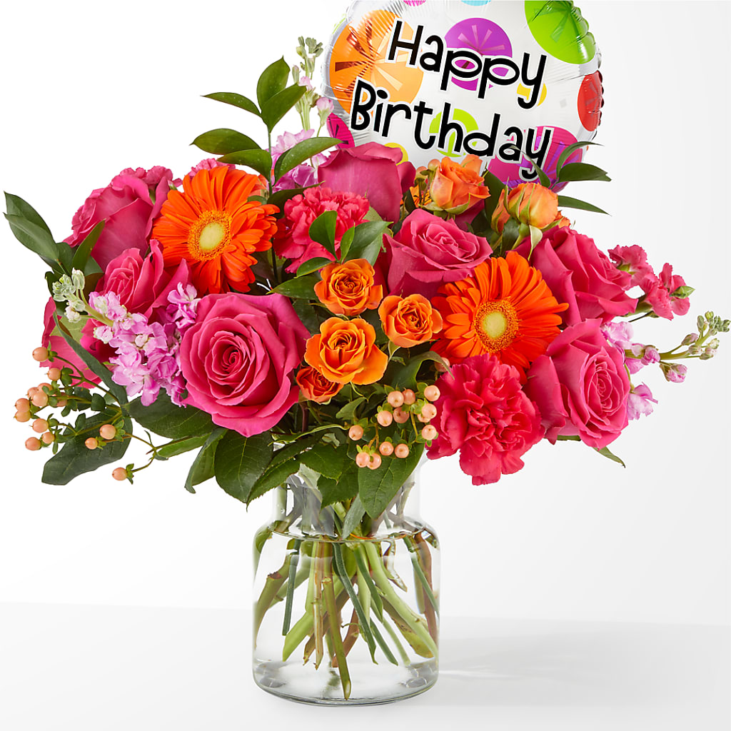 Fiesta Bouquet with Birthday Balloon – Perkins Floral, Greenville MS
