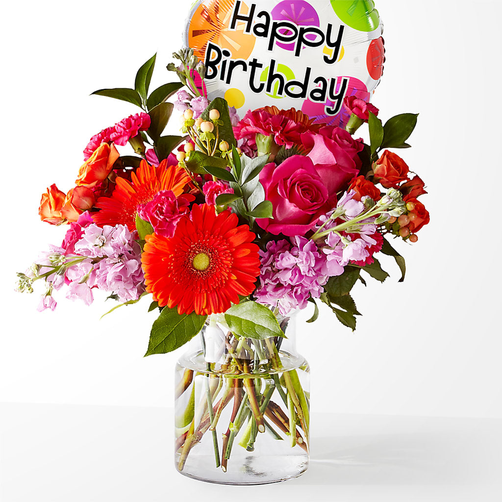 Fiesta Bouquet with Birthday Balloon – Perkins Floral, Greenville MS