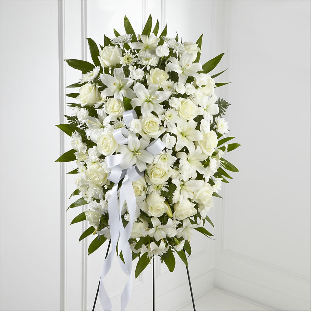 Exquisite Tribute Standing Spray-White Ribbon – Perkins Floral, Greenville MS